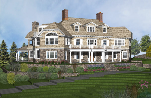 A large, detailed three-story house with shingle siding, chimneys, and dormer windows embodies the charm of classical architecture. It features a wraparound porch with columns and a stone foundation. Terraced gardens with shrubs and colorful flowers grace the landscape against a clear blue sky.
