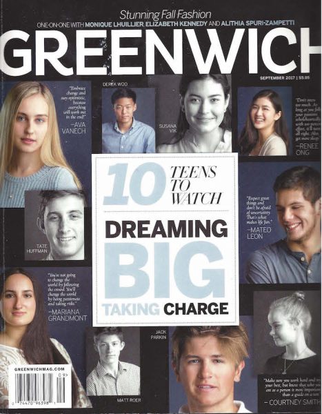 Magazine cover titled Greenwich featuring a collage of portraits of diverse teens. The text highlights 10 Teens to Watch and phrases like Dreaming Big and Taking Charge in the center. Each teens portrait is accompanied by their name. Its the September 2017 issue.