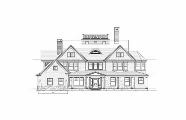 Architectural line drawing of a two-story house, part of the DVHA Project, showcases multiple gabled roofs and chimneys. The facade features a covered porch with columns and a central door, flanked by symmetrically arranged windows. A small third-floor dormer and roof deck with railing complete the early 2020 design.