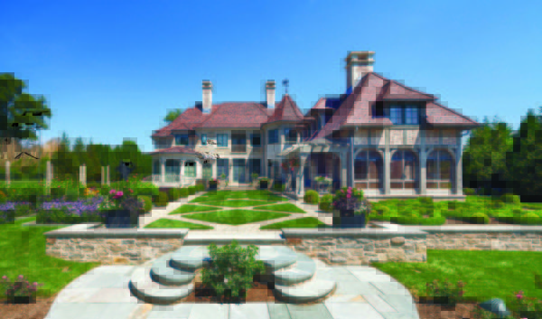 A grand mansion with a stone facade and multiple chimneys stands against a clear blue sky. Lush green lawns and manicured gardens with blooming flowers lead up to the entrance. For those relocating to the suburbs, finding the right architect can help achieve such elegant landscape design.