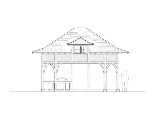 Architectural line drawing of a two-story building with a steeply pitched roof and a small, central dormer window. Open ground level with visible wooden posts and beams; an interior counter to the left. Silhouette of a person on the right for scale.