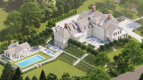 Aerial view of a large, luxurious estate surrounded by lush greenery. The property features a white stone mansion with multiple chimneys, a pristine rectangular swimming pool, neatly landscaped gardens, and a smaller guest house. Paved paths and manicured hedges add elegance to the scene.