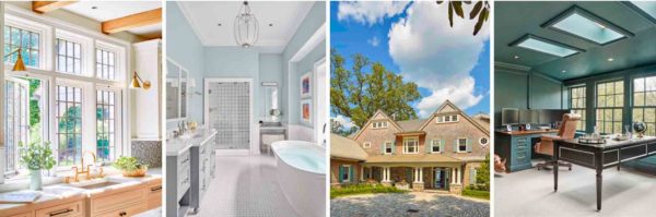 A collage of four images: a bright kitchen with large windows above a sink, a pristine bathroom with a bathtub, a spacious house with a front garden, and a home office with a desk and large windows.