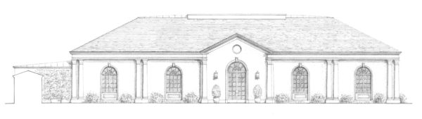 Black and white architectural drawing of a symmetrical building with a pitched roof. Features include a central arched doorway, flanked by large arched windows with decorative frames. A small extension is on the left. Shrubs line the buildings base. Roof is shingled.