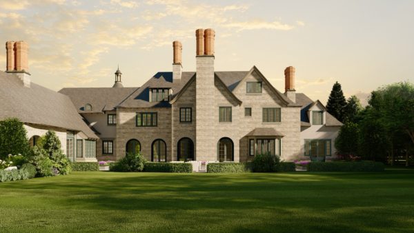 A large stone mansion with multiple chimneys and gabled roofs under a partly cloudy sky. The facade features arched and rectangular windows. The foreground shows a well-manicured lawn and trimmed hedges, with trees framing the scene on either side.