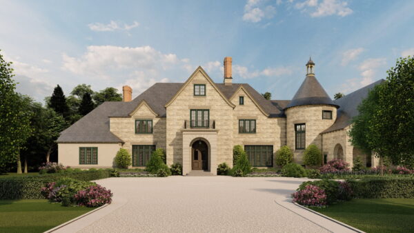 A large, elegant stone mansion with a circular tower and multiple chimneys, set amidst manicured gardens. The driveway is lined with lush greenery and vibrant flowers. The sky is clear, with a few scattered clouds. An inviting entrance is central to the front facade.