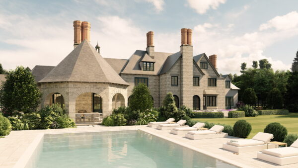 A luxurious stone mansion with tall, brick chimneys and a slate roof, surrounded by lush gardens. In the foreground, a serene swimming pool flanked by six white loungers on a tiled deck. The sky is clear with a few clouds, and trees provide a verdant backdrop.