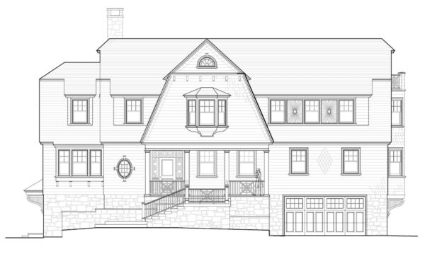 Architectural line drawing of a large, two-story house with a pitched roof and central gable. The house features symmetrical windows, a front porch with railings, and a three-car garage. The exterior includes stone and wood textures, enhancing the classic design.