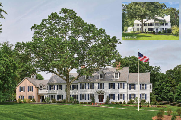 Large, multi-story colonial-style house with a gray roof, white siding, and numerous windows. A tall tree is prominently in front. Theres a flagpole with an American flag on the manicured lawn. Inset before image shows the house prior to renovations.