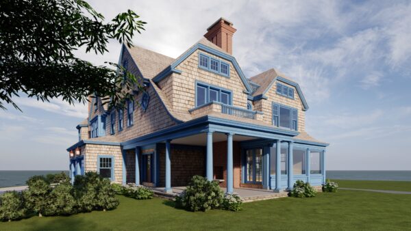 Historic-style house with wood shingles, blue trim, and a prominent brick chimney. Wraparound porch supported by blue columns. Surrounded by green shrubbery and grass. Ocean and blue sky with wispy clouds in the background.
