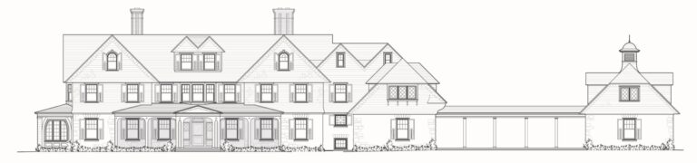 Architectural blueprint of a large, three-story house with multiple gabled roofs, dormer windows, and a prominent central entrance with columns. Attached on the right is a smaller structure with a garage and cupola. Shrubs line the front of the house.