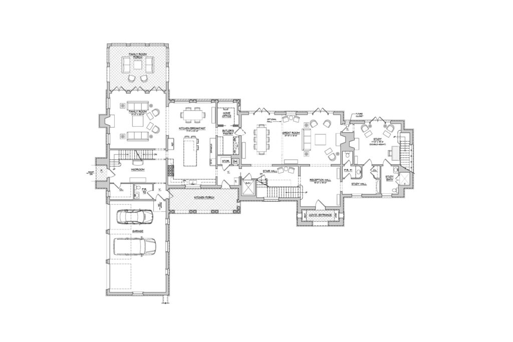 Black and white floor plan of a single-story Timeless Homes design, featuring a two-car garage, foyer, kitchen, dining and living areas, three bedrooms, three bathrooms, laundry room, porches, and patio. Helpful Hints note doors and furniture placement.