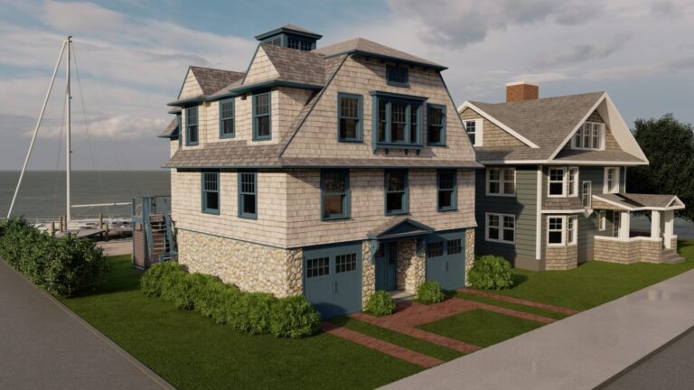 Two-story coastal Summer Cottage with weathered shingle siding, blue window frames, and garage doors. Stonework covers the lower level. Set near another home on Long Point, with a grassy yard and marina with boats in the background.