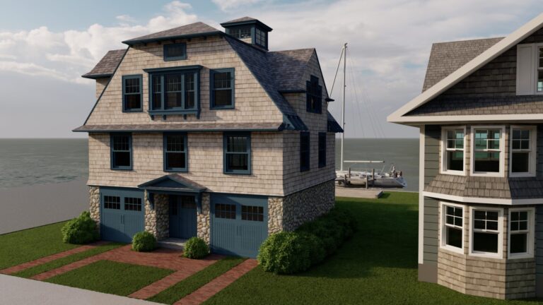 A large, shingle-style Summer Cottage with stonework on the lower level, blue trim, two garage doors, and dormer windows. Lush bushes line the front, a brick walkway leads to the entry, with Long Point marina and sailboats in the background.