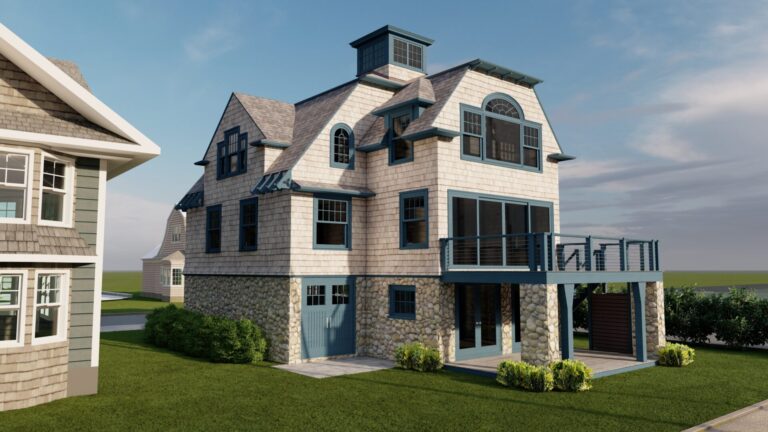 A three-story house with gray shingles, blue trim, and a stone foundation features a balcony with a glass railing, large windows, and a cupola on top. The house sits on a green lawn with bushes and has a partly cloudy sky in the background.